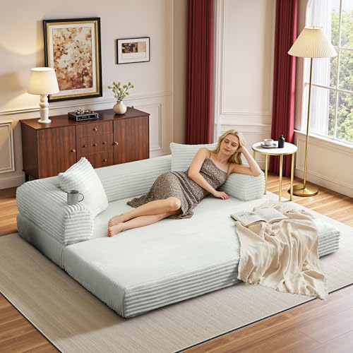 Image of Boneless Couch Futon Sofa Bed Sectional Couches for Living Room,Cloud Couch with Sleeper Sofa,Sofas for Living Room Oversized Corduroy Upholstered (Light Grey, 76 Inches (No Iron Frame))