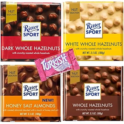 Ritter Sport 4 x 100g Chocolate Variety Packs Nutty Nut Selection Honey Salted Almonds, Dark Whole Hazelnuts, Whole Hazelnuts and White Whole Hazelnuts with a Mini Fry's Cherry Turkish Delight Sweet Cover