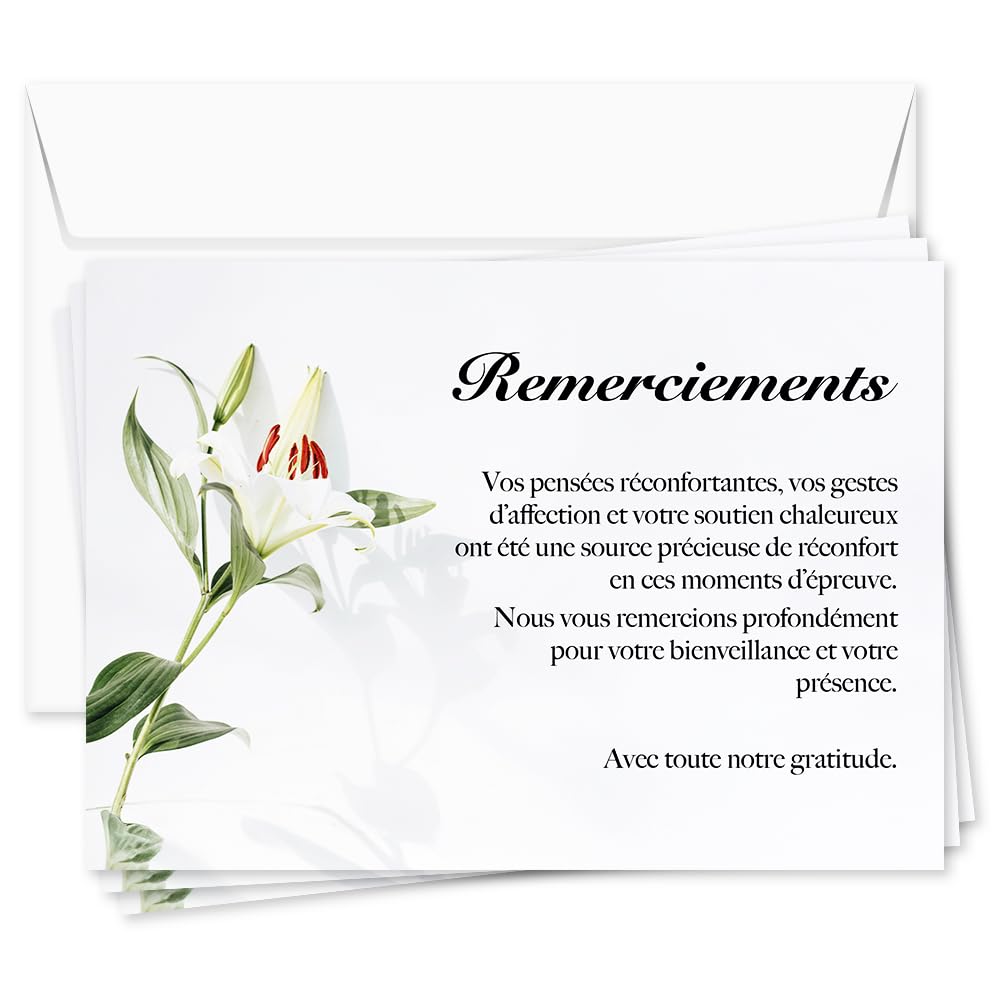 UTTSCHEID Lot de 50 Cartes Remerciement Deuil Condoléances Format A6 avec Enveloppes Fleur de lys