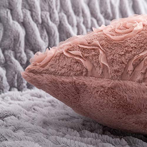 Foindtower Decorative Soft Fur Throw Pillow Covers Fluffy Romantic Chiffon Embroidered Cushion Cover, Solid 3D Rose Pillowcases For Party Couch Bed Nursery Room 20X20 Inch Set Of 2 Dusty Pink #TOP3