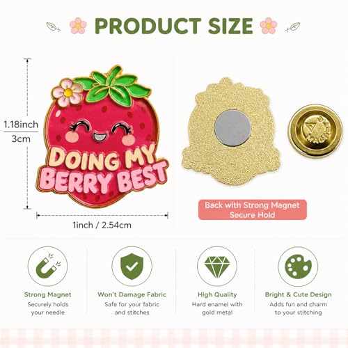 Image of Funny Strawberry Needle Minder Magnet, Cute Magnetic Sewing Accessory with inchDoing My Berry Best inch Design for Embroidery, Needlepoint & Cross Stitch Projects