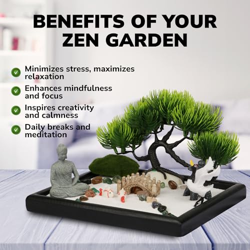 Mini jardim zen para mesa – decoração japonesa de 20 x 18 cm, jardim de rochas, 15 itens – presentes