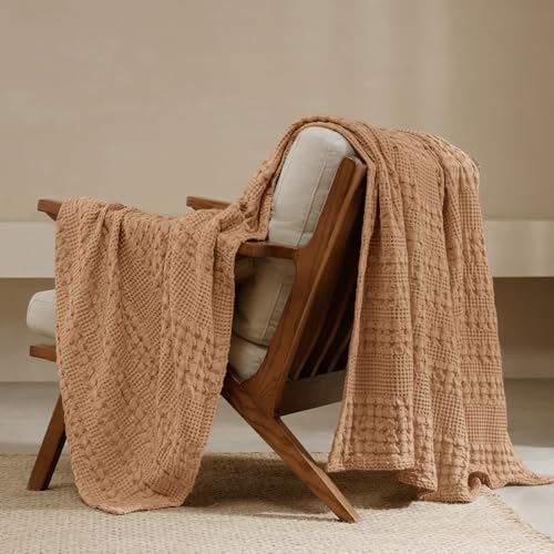 Image of PHF 100% Cotton Waffle Throw Blanket for Couch, Lightweight Breathable and Soft for Summer, Luxury Aesthetic Waffle Weave Blanket for Home Decor & Office, Gifts for Women, 50 inchx60 inch, Clay
