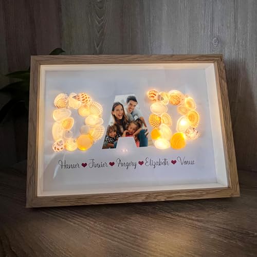 Personalized Shell Photo Frame, Dad Theme Wooden Photo Frame with Lamp, Handmade Customized Picture Frame Ornament Gift For Dad, Daddy, Grandpa