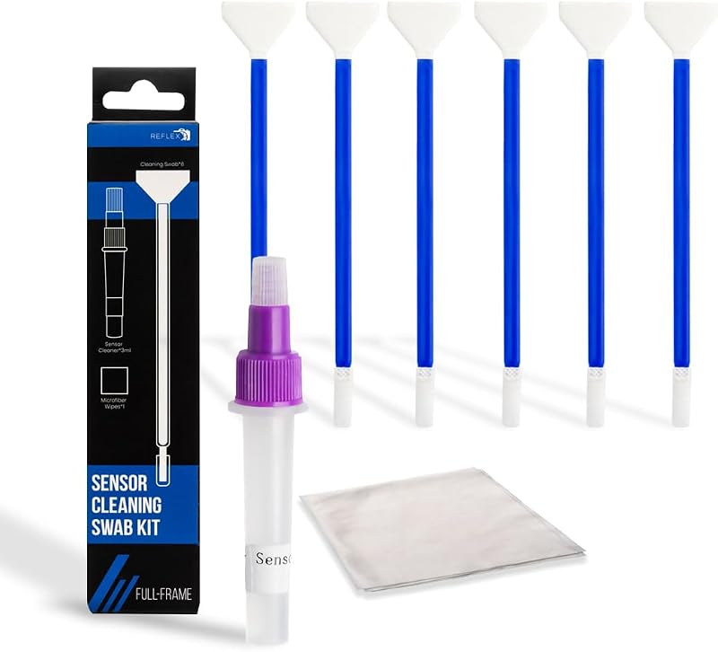 Kit de limpieza de sensor de cámara de 8 piezas de 24 mm, 6 hisopos de doble extremo de fotograma completo, limpiador de 5 ml, paño de microfibra, kit de limpieza sin residuos para cámaras Sony, Canon, Nikon DSLR y sin espejo