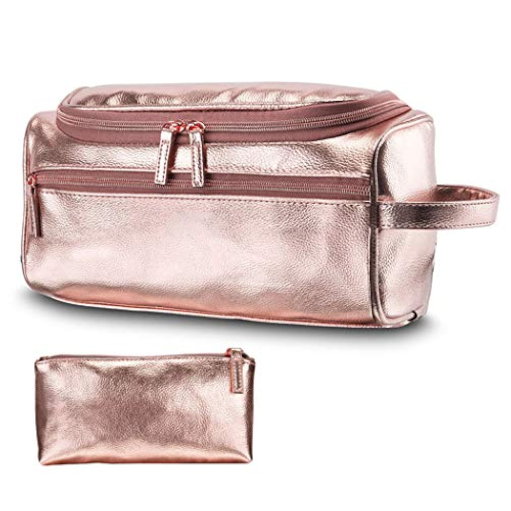 2PCS Women Makeup Bag Zipper Pouch, Fake Leather