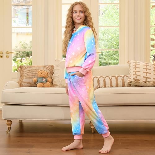 QPANCY Girls Fleece Pajamas Two Piece Soft Cozy Hoodie Pjs Set kids Fall Winter Long Sleeve Loungewear3