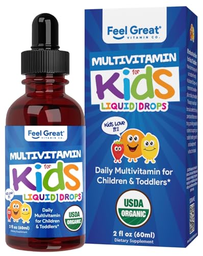 Feel Great Vitamins Organic Multivitamin Liquid Drops for Toddlers & Kids | Daily Essential Nutrients for Healthy Growth | No Iron, Sugar-Free | USDA Organic, Vegan, Non-GMO, Gluten-Free | 2 Fl Oz