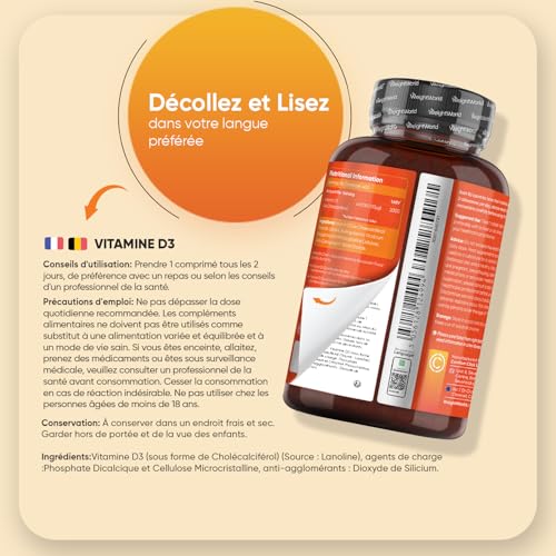 Vitamine D3 4000ui, 400 Micro Comprimés pour plus d'1 An d'Approvisionnement, Vit D Cholécalciférol Végétarien sans Stéarate de Magnésium, 1 Comprimé tous les 2 Jours – Image 5