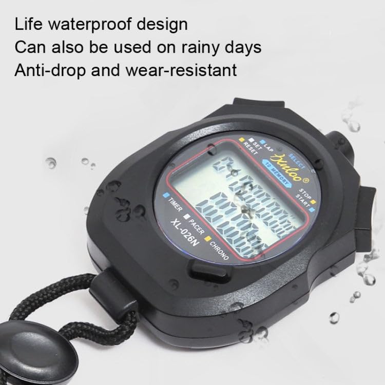 XL-026N stopwatch with water droplets, illustrating life waterproof design