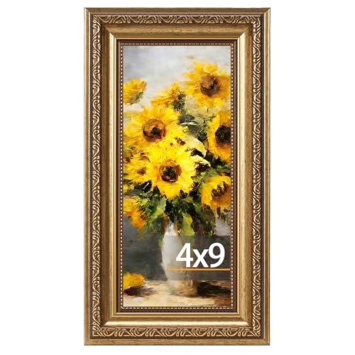 JCJMY 4x9 Vintage Picture Frame, Elegant Retro 4 by 9 Photo Frame with Shatter-Resistant Plexiglass for Wall or Tabletop Display, Gallery Decor & Gift, Gold, 1 Pack