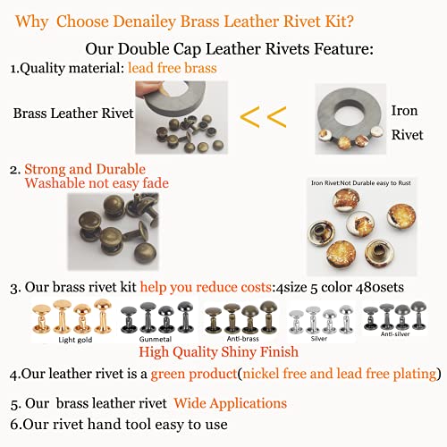 Brass Rivet Kit 480 Sets 7 Mm Double Cap Leather Rivet Dome Rivets Metal Studs 5 Colors 4 Sizes With 4 Pieces Setting Tools For Leather Craft/Bags/Clothes/Decoration (Cap Size: 7Mm) #TOP3