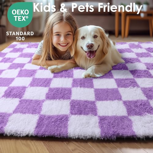 Image of KICMOR Purple Rugs for Bedroom Living Room, Fluffy Soft Checkered 4x6 Area Rug Fuzzy Shag Shaggy Carpet, Indoor Plush Bedside Floor Rugs for Kids Girls Boys Teen Dorm Nursery Home Decor Aesthetic