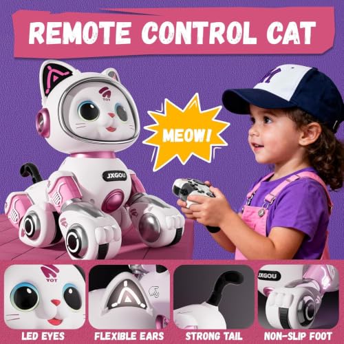 Image of RC Robot Cat Toy with LED Lights - Interactive Walking Singing Dancing Kitty | 2.4GHz RC Astronaut Cat for Kids 3+ Years | Smart Pet Robot with Music & Gesture Control (Pink /White)