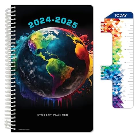 Global Datebooks Dated Middle School or High School Student Planner for Academic Year 2024-2025 includes Ruler/Bookmark and Planning Stickers (Block Style - 5.5"x8.5" - Painted Globe) Cover