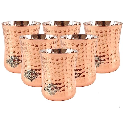 Indian Art Villa Steel Copper Royal Tumbler, Hammered Design, Glass, Drinkware & Serveware, Volume- 9 Oz, Set of 6