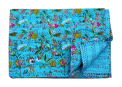 Textile Work Creations Handmade Bedcover Bedspread Kantha Quilt Indian Bedding Blue Grey Handmade Throw Tapestry Handmade Pure Cotton Quilted-image-30