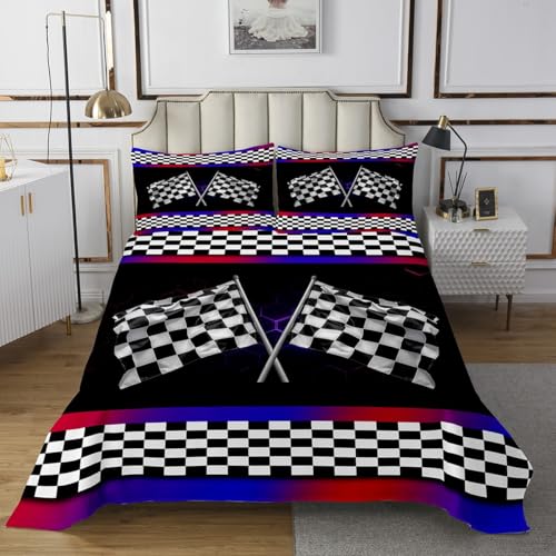 Manfei Race Car Flag Kids Bedspread Twin Size,Geometric Checkered Patchwork Coverlet Set,Boys Girls Room Decor,Extreme Racing Sports Games Quilted Coverlet,Red Blue Bedding Quilt,1 Pillowcase