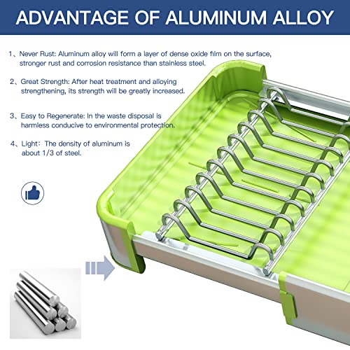 Pxrack Aluminium Dish Drying Rack, Expandable(14.9"-22.2") For Kitchen Counter, Rustproof Kitchen Sink Large Dish Rack With Drainboard With Utensil Holder, Green #TOP1