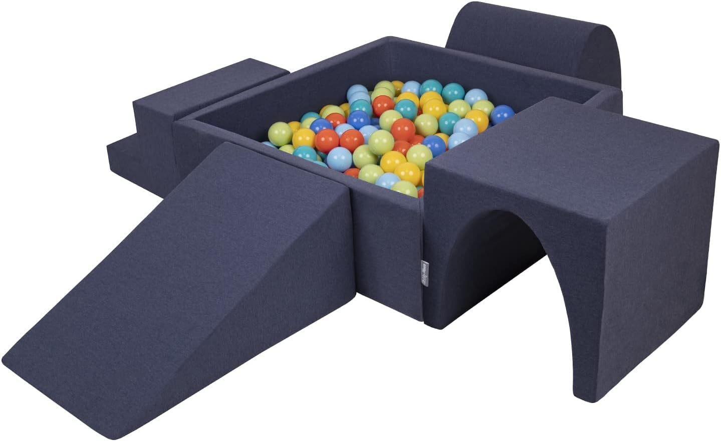 KiddyMoon Foam Playground For Kids With Square Ballpit (200 Balls ∅ 7Cm/2.75In) Soft Obstacles Course And Ball Pool Made In EU, Darkblue:Lgreen/Orange/Turquoise/Blue/Bblue/Yellow