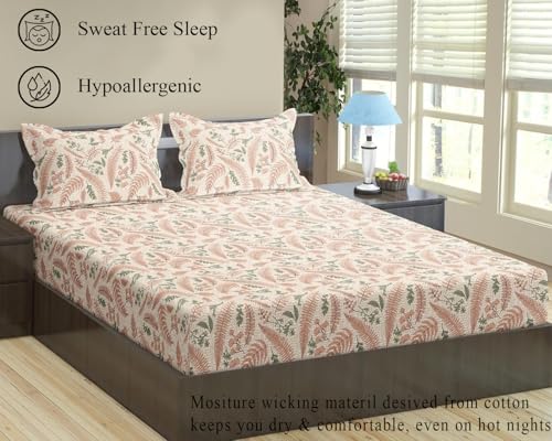 Image of Trance Home Linen 100% Cotton 144TC Elastic Fitted Bedsheet | Printed Single Size Bed Elasticated Fitted Bedspread with 1 Pillow Cover (72x30 inch, Foliage Peach)