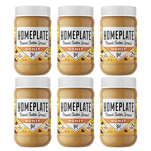 HomePlate Peanut Butter, Honey Flavored Creamy, Healthy, Natural, Gluten Free, Non-GMO, 16oz jar, Pack of 6