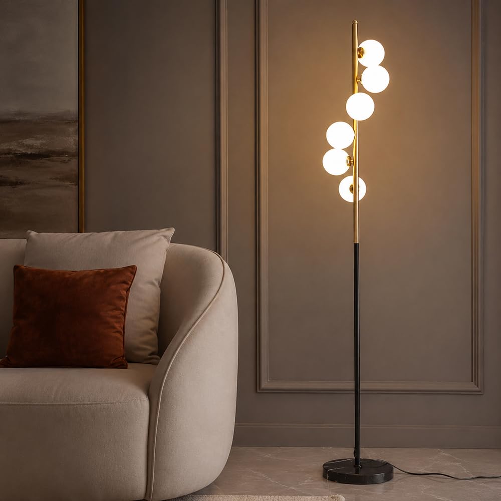 Wylolik 6 Ball White Glass Shade Floor Lamp Modern Luxury Standing Lamps Corner Reading Vertical Lamp Atmosphere Standing Floor Lights Decorative Tall Lamps For Living Room Marble Base Foot Switch