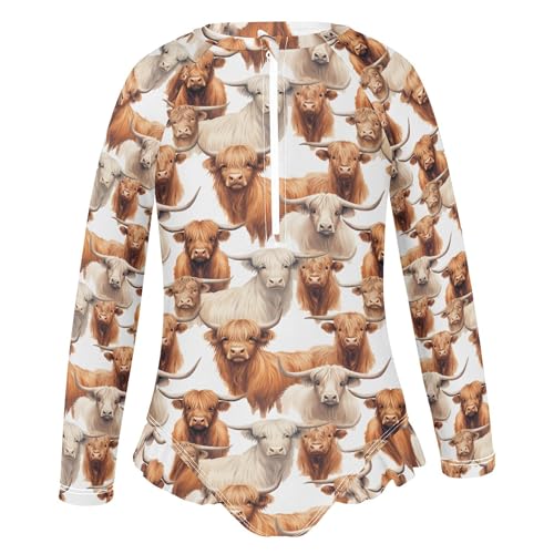 Highland Cow Animal Girls Long Sleeve Rashguard Swimsuit UV Protection One-Piece Swimwear Bathing Suit B04030132