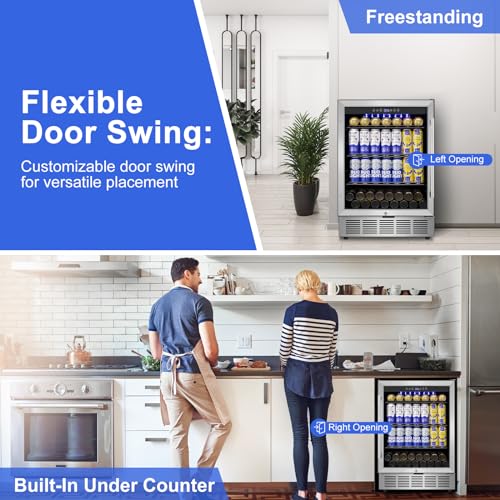 Image of Beverage Refrigerator 24 inch-200 Can Drink Fridge with Glass Door, Under Counter /Freestanding Beverage Cooler with Temperature Memory, Reversible Door, Quick Cooling, Cooler for Beer, Soda, Wine