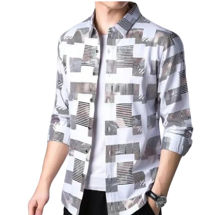 NeupogenMen's Printed Lycra Classic Collar Short Sleeve Regular Fit Casual Shirt (White-Checks)