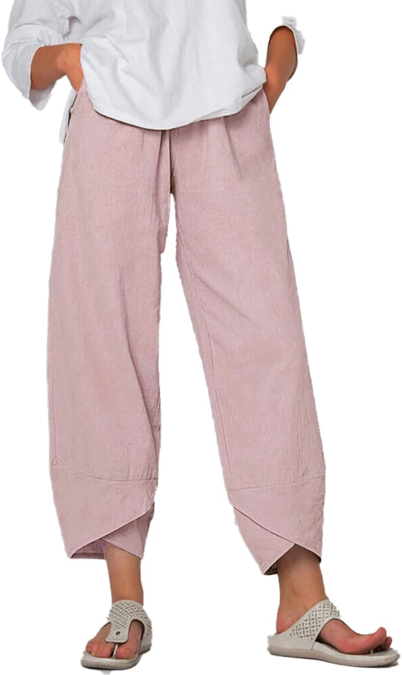 Capris Pants for Womens Cotton Linen Wide Leg Plus Size Cropped Pants Print Comfy E...