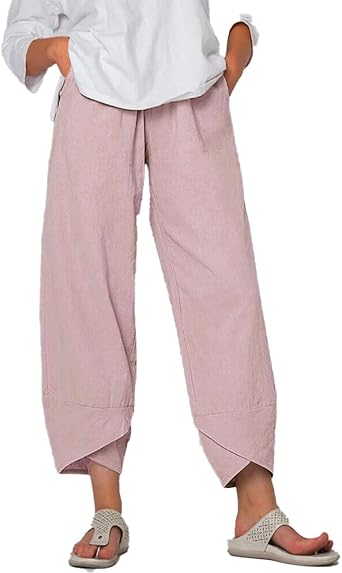 BIVENANT Linen Pants for Women Cotton Casual Summer Capri Pants Elastic Waist Wide Leg Cropped Pants with Pockets