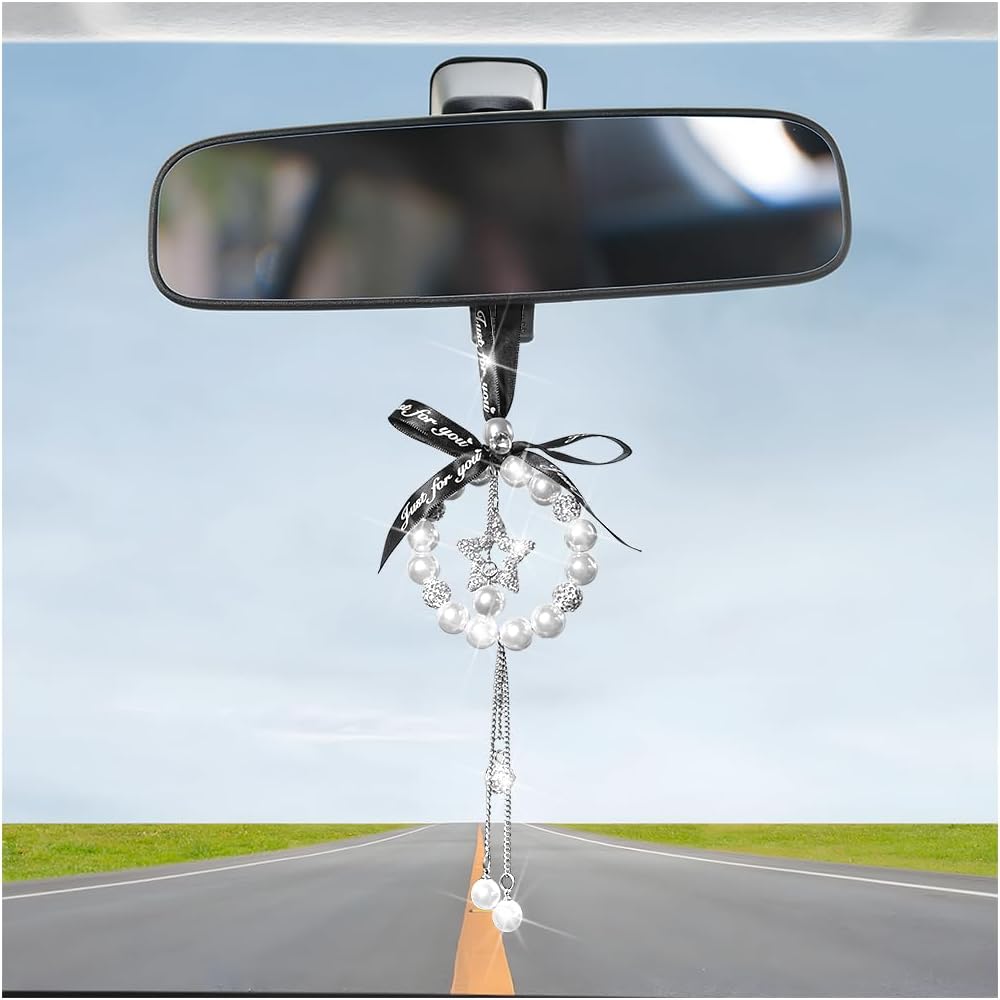 Bling Car Hanging Ornament, Sparkly Star Crystal Rhinestone Pearl Rear View Mirror Pendant, Shiny Diamond Lucky Auto Interior Mirror Hanger Decor, Universal for RV Truck Sedan
