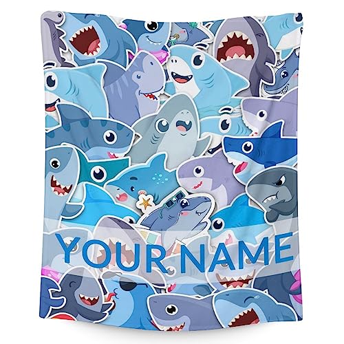 Personalized Shark Blanket Gifts with Name - 40"x50" Cute Throw Blanket for Kids & Adults - Blue Soft Fuzzy Blankets for Bed, Couch & Living Room