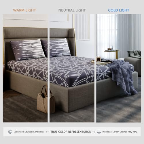 Image of Stoa Paris 100% Cotton King Size Fitted Bedsheet with 2 Pillow Covers, 180TC Printed Bedding Set, All-Season Comfort, Soft & Lightweight, Home Decor, Urbanscape - Lavender Matrix (182cmx198cm+30cm)