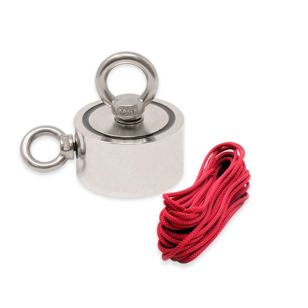 Magnet de Bote de Neodimio N42 Con 1X M10 Y 1X M8 Eyebolt Y 10M Cordida Para Pesca Por Imán, Recuperación Y Caza de Tesoros - 75mm de Diámetro x 25mm - 200kg