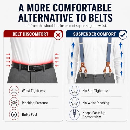 Image of Men's Heavy Duty Y-Back Suspenders, 6 Strong Metal Clips Adjustable Elastic Straps for Work, Tuxedos, and Daily Wear