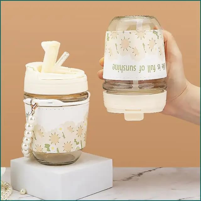 Image of KHOLAD Glass Travel Sipper With Double Drink Straw And Lids Pack Of 1,Reusable Coffee Mugs With Pearl Chain Belt & Sleeve,Kids Girls Tumbler For Juice Smoothies Milk Cups (White), 350 Ml