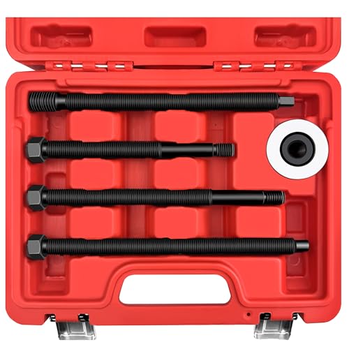 WETT Harmonic Balancer Installer Tool Set, 5-Piece Long Reach Crank Pulley Underdrive Damper Puller Installation Tool Kit, 4 threaded rods and 1 Bearing Press Hex Nut