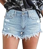 KISSMODA Frayed Denim Pants for Womens with Ripped Hole Casual Shorts Light Blue Large