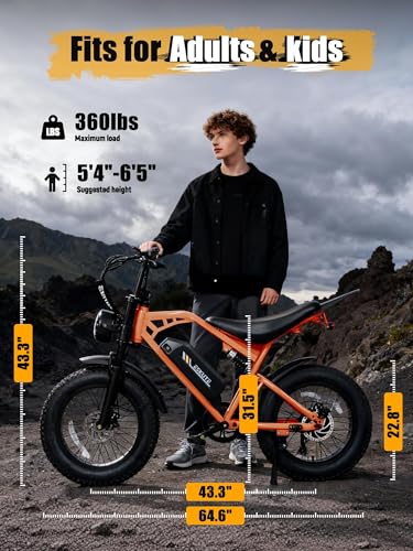Image of Electric Dirt Bike Adults, 1300W Peak 52V20.8Ah ebike, 32MPH 20 inch x4.0 Fat Tire, Streamlined E-Motorcycle with 7 Speeds for Youths, V200，Orange with Rear Rack + Footrests