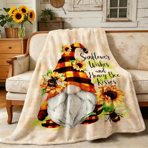 tiosggd Sunflower Gnome Blanket Gnome Gifts for Women Birthday Gnomes Throw Blanket for Mom Wife Girls Friends Adults Flannel Fleece Summer Blanket for Couch Sofa Bed 60x50