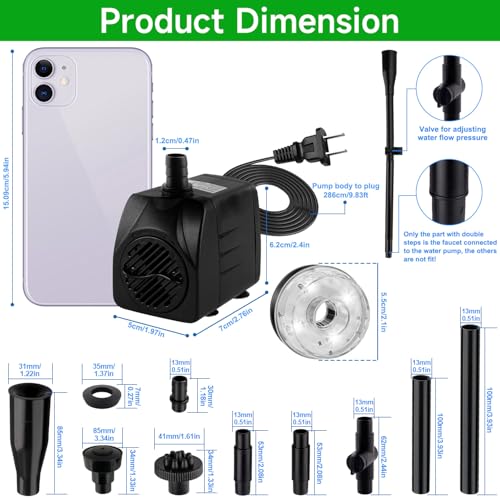 Image of 15W 800L /H Submersible Pond Fountain Pump with LED Lights, Ultra Quiet Water Pump, Pond Fountain Pumps for Small Pond, Garden, Aquarium, Fish Tank, Indoor Outdoor Fountain 3 Type Nozzle (White)