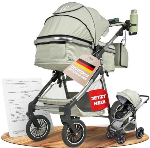 Kinderwagen 2 in 1 [Babywanne & Sportsitz] Buggy mit Aluminium-Gestell | Kinderbuggy Höhenverstellbarer Griff | Stroller Baby Leicht klappbarer Reisebuggy mit Zubehör-Set | Buggys – AMOR BABY®