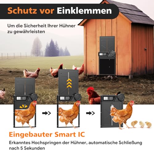 MASTERFUN Große Automatische Hühnerklappe Batterie, Aluminum Hühnerklappe Automatisch mit Wasserdicht Großes Display, Timer, Manuelle, Intelligenter Einklemmschutz Elektrische Hühnertür