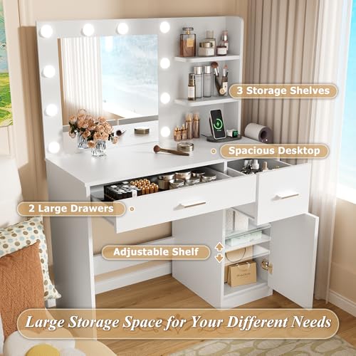 Image of Furmax Vanity Desk with Lighted Mirror 3 Modes & Power Outlets, Makeup Vanity Table with Drawers, Cabinet and Open Shelves, for Bedroom & Dressing Room (White)