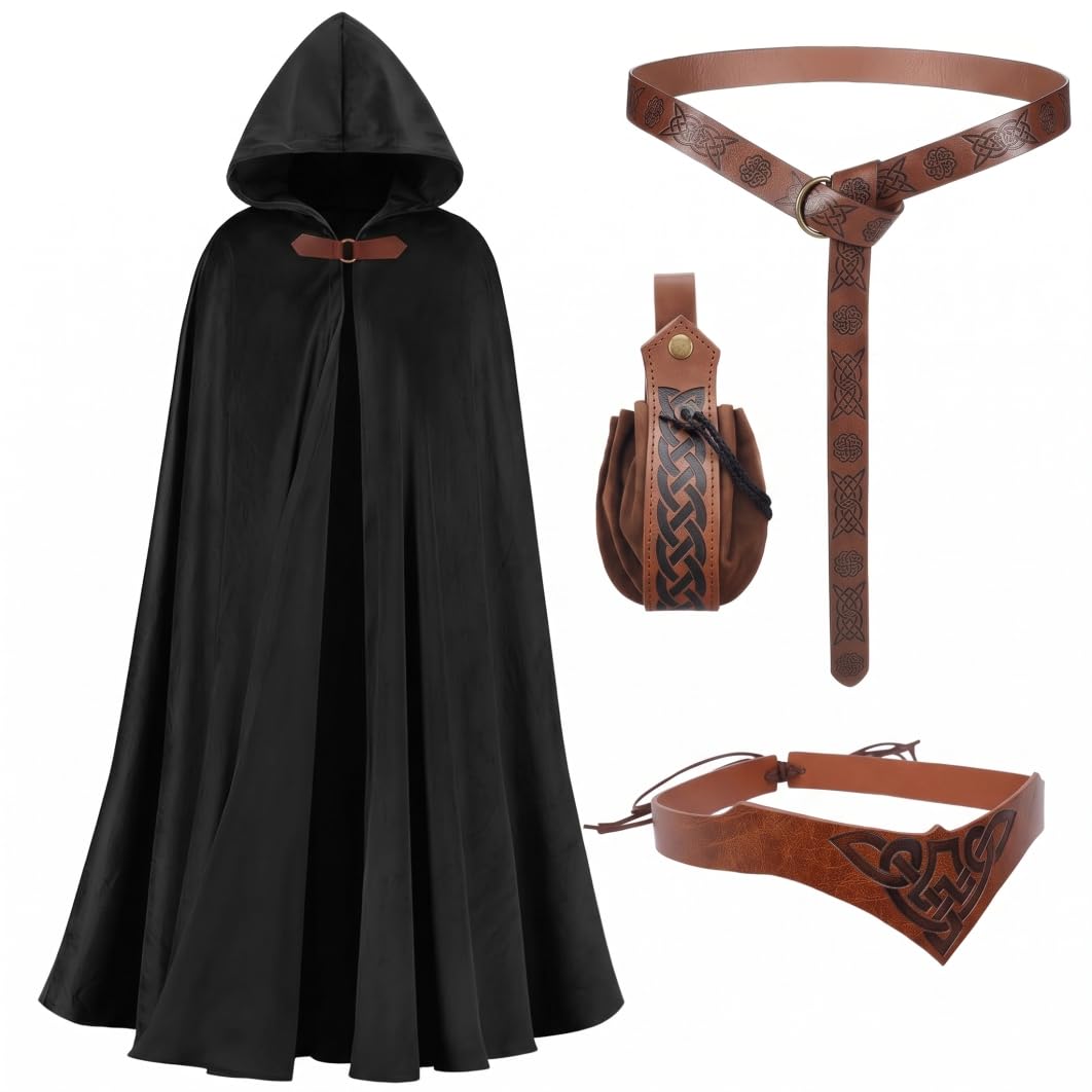 Conjunto Retro de 4 Piezas de Capa Medieval con Capucha, Negro