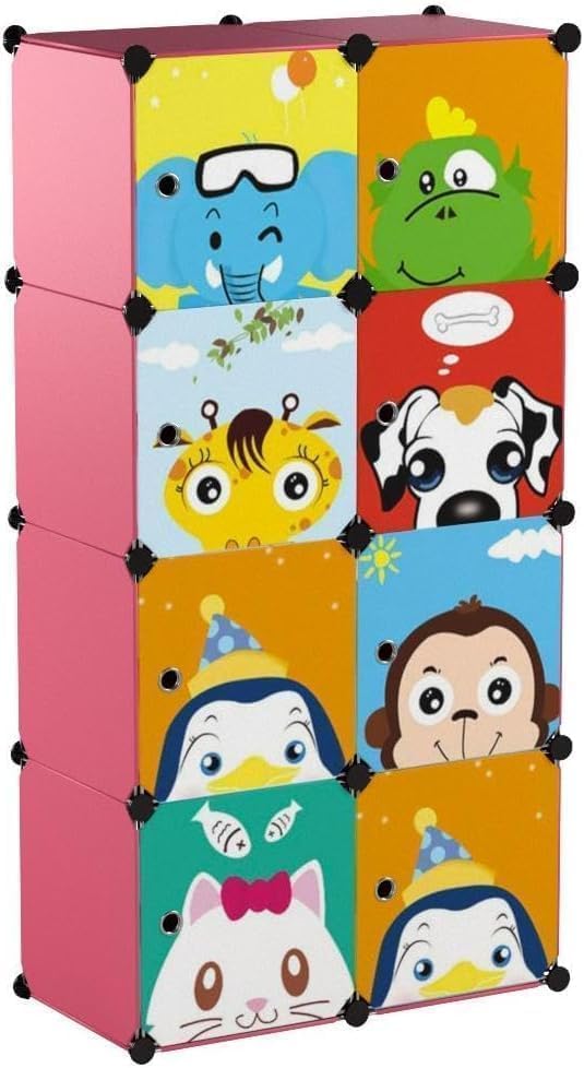 Image of 8 Door Kids Cartoon Wardrobe Storage Cabinet - DIY Modular Clothes Organizer with Hanging Cartoon Design Wardrobe with Multi for Bedroom, Living Room,Entryway