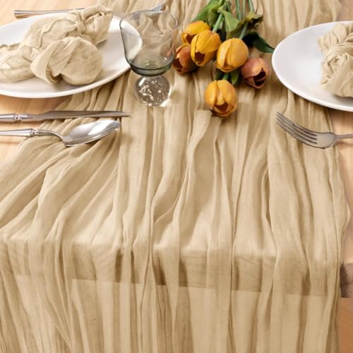 Image of MLMC 3 Pack Champagne Cheesecloth Table Runner 10ft Sand Rustic Gauze Cheese Cloth Table Runner 35x120 Inches for Farmhouse Cozy Holiday Outdoor Events Home Decor