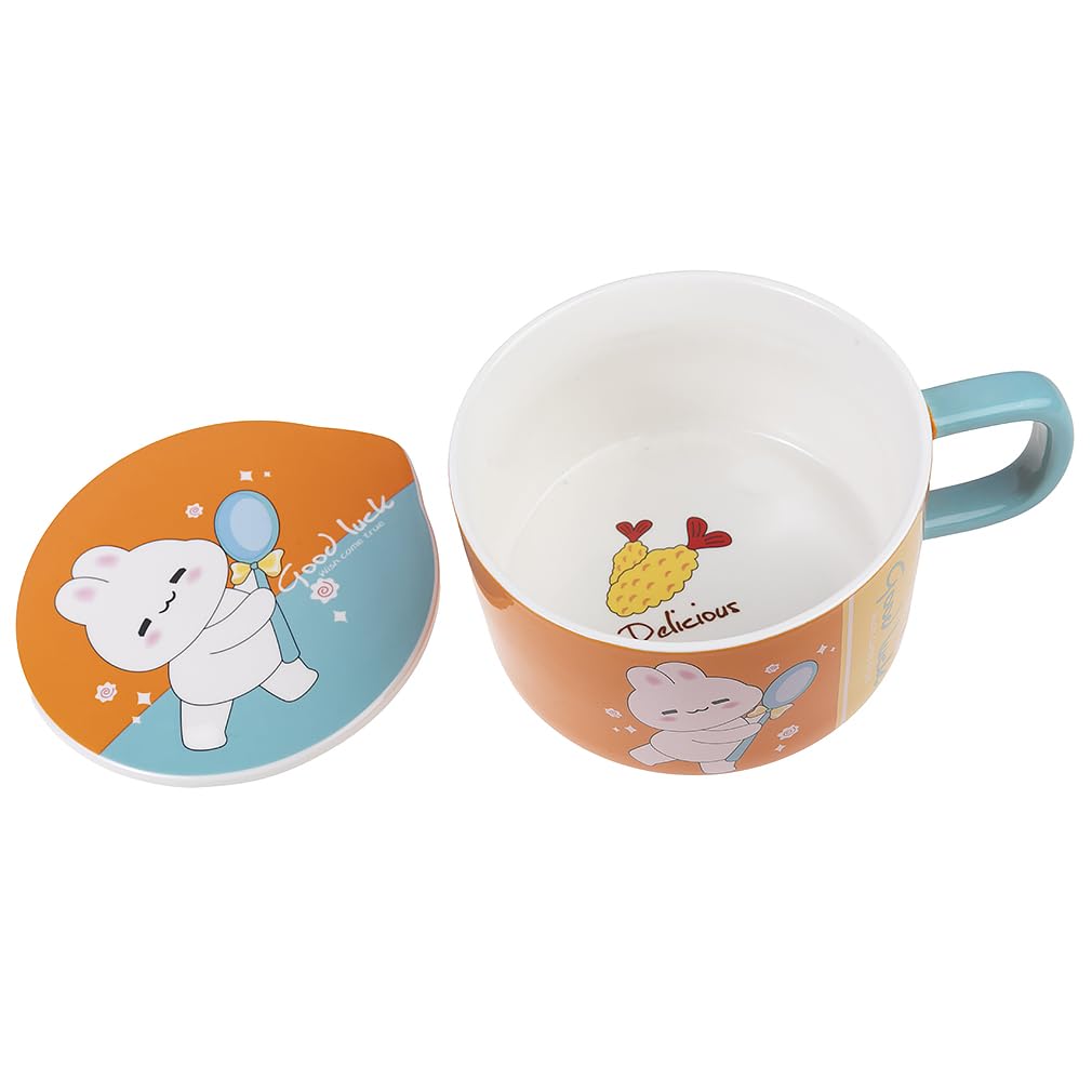 lachineuse - Ciotola per spaghetti istantanei - Ciotola per Ramen asiatica - Porcellana - Motivo coniglio - 1000 ml - Con coperchio e posate - Colazione, Zuppa, Riso - Idea regalo Asia Giappone Cina -